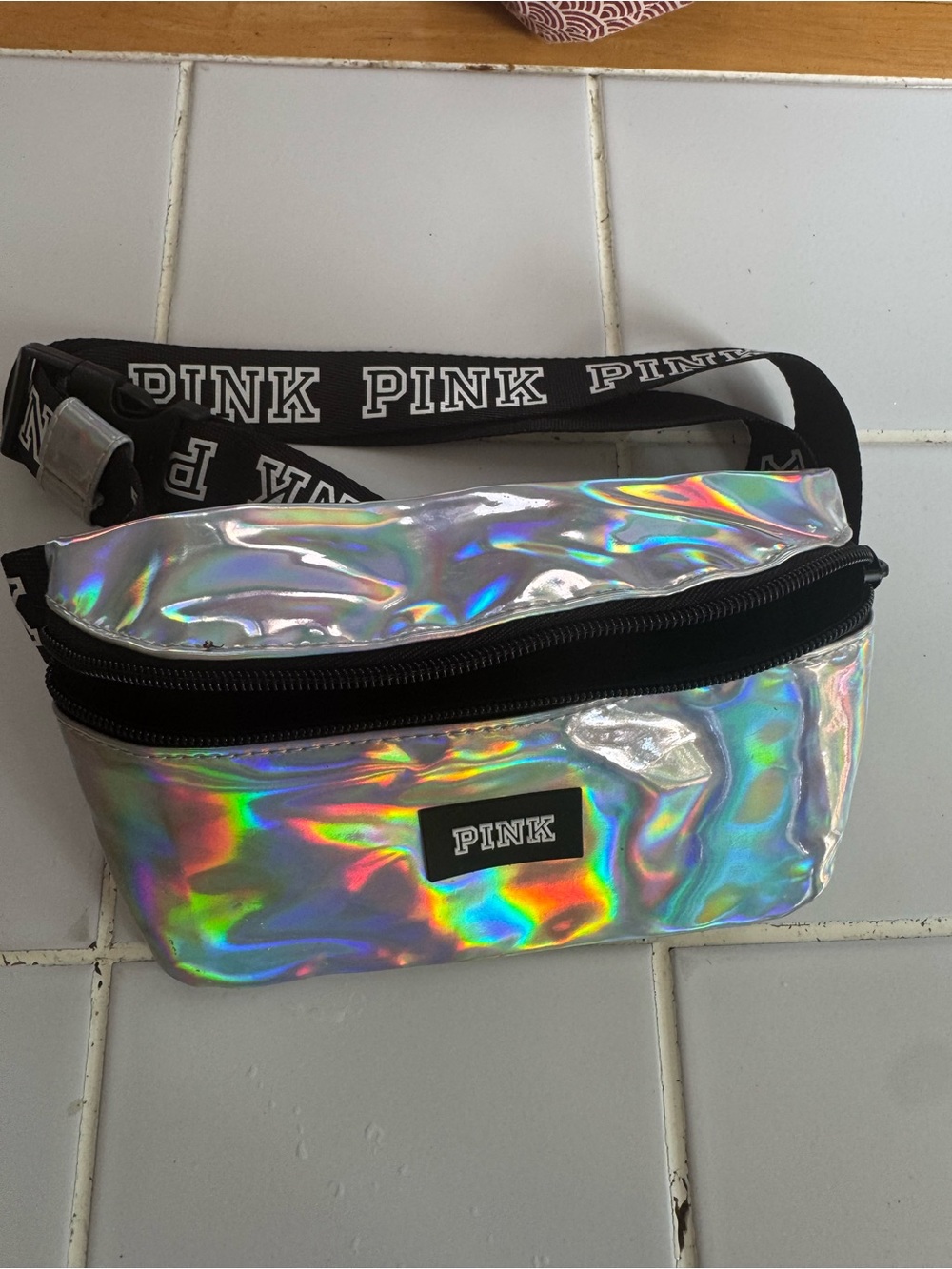 PINK Victoria's Secret Iridescent Holographic Belt Bag with Branded Strap